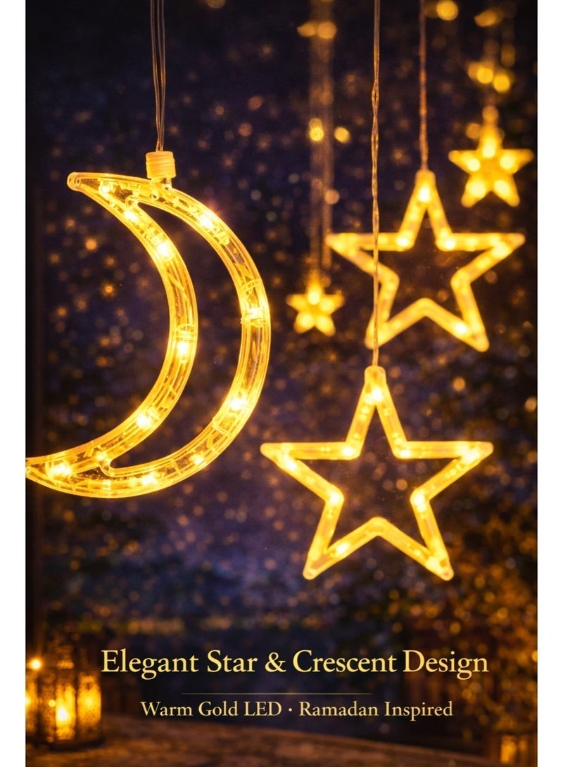 اضاءة رمضان LED بتصميم النجمة والهلال – ستارة ولمبات إضاءة بطول 3.5 متر، لون أبيض دافئ، زينة رمضان والعيد للمنزل وغرفة النوم والنوافذ، 8 أوضاع إضاءة، قابس ثلاثي UK - view 3